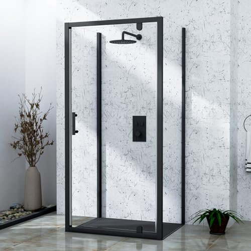 Milan 900 x 900mm Matt Black 3-Sided Pivot Door Shower Enclosure Square with Side Panels 6mm Safety Tempered Glass Screen