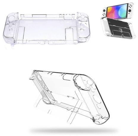 QOWIJEX 1 Pieza Funda Protectora para Nintendo Switch Oled, Funda cómoda de Cristal con Protector de Pantalla de Vidrio Templado y Tapas de Agarre para la Consola Nintendo Switch Oled