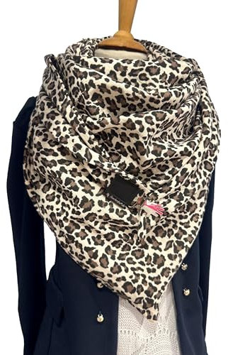Handgemachter XXL Dreiecksschal Damen – Wendbarer Musselin Wickelschal mit Animalprint in Beige Braun – Tuecherfee Schal mit Clipverschluss als Schal, Stola oder Schalkragen