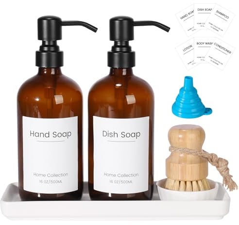 Ensemble De Distributeurs De Savon en Verre Modernes: Pack 2 pour Savon pour Les Mains dans La Cuisine avec 6 Étiquettes Étanches Ensemble De Distributeurs De Salle De Bain Remplissables (Ambre)