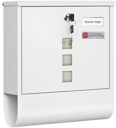 WOLTU Briefkasten mit Zeitungsfach Sichtfenstern, Postkasten mit Namensschild personalisiert, Wandbriefkasten abschließbar, inkl. 2 Schlüssel, modern, Weiß, 33,5 x 30 x 9,5 cm