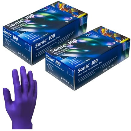 Aasram Aurelia Sonic 100 Nitrile Examination Gloves – Powder Free, Latex Free, Blue, Ambidextrous, Textured Fingertips – 2 x 100 Pack (200 Gloves Total), Size - (Large)