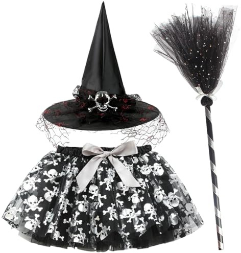 HOXSNII Disfraz de Bruja Niña, Disfraces de Halloween Falda Tutu con Sombrero, Escoba Vestido de Mago, Vestido de Bruja Cosplay Traje de Brujas para Halloween Carnaval Cumpleaños Fiesta
