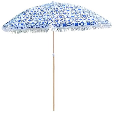 Générique 160cm Parasol de Plage Portable Bleu Floral avec Franges, Effet Bois, Parasol de Terrasse Inclinable, Parasol Rond D'extérieur pour Jardin et Balcon