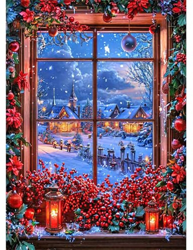 GLIDIAM Diamond Painting weihnachten Fenster, Diamant Malerei Bilder Europäische Stechpalme, 30x40cm DIY Full Drill Basteln Erwachsene, Mosaik Stickerei Kreuzstich Geschenk für Wanddeko Wohnzimmer