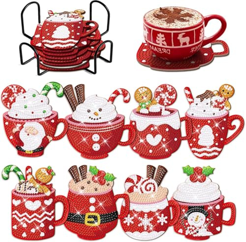 Glvomazty 8 Stück Diamond Painting Untersetzer Weihnachten Set mit Halter, Diamond Painting Serviertablett, 5D Untersetzer Basteln Erwachsene für Tassen, Weingläser, Vasen und Heimküch