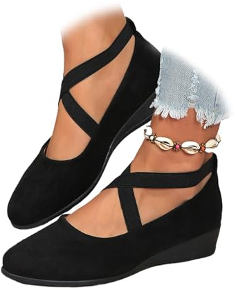 Women's Comfy Elastic Crisscross Strap Wedge Slip-On Shoes, Womens Ballerina Ankle Elastic Crossing Strap Round Toe Comfy Pump