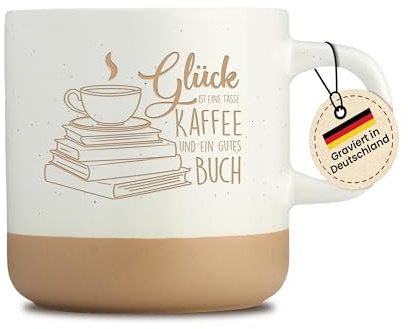 LIEBTASTISCH “Glück ist eine Tasse Kaffee und ein gutes Buch” - Tasse Gravur - für Leseratten - Geschenkidee für Leser, Leserin - Buchliebhaber - Bücher, Spülmaschinenfest - Beige