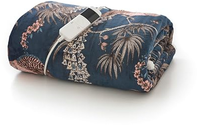 Peacocks Teal Heated Throw 140x180cm | Luxury Electric Blanket with Flannel & Sherpa | Peacock Bird Print | Machine Washable Heated Throw | British Design | Soft Winter Blanket