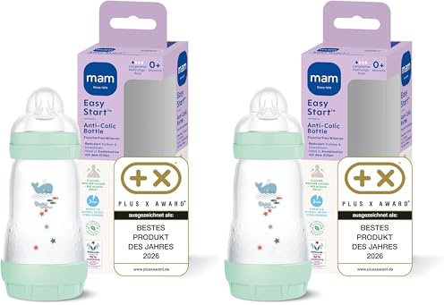 MAM Easy Start Anti-Colic Babyflasche (260 ml), besonders gut akzeptierte Milchflasche, Baby Trinkflasche mit Bodenventil gegen Koliken & Sauger Größe 1, 0+ Monate, Wal (Packung mit 2)