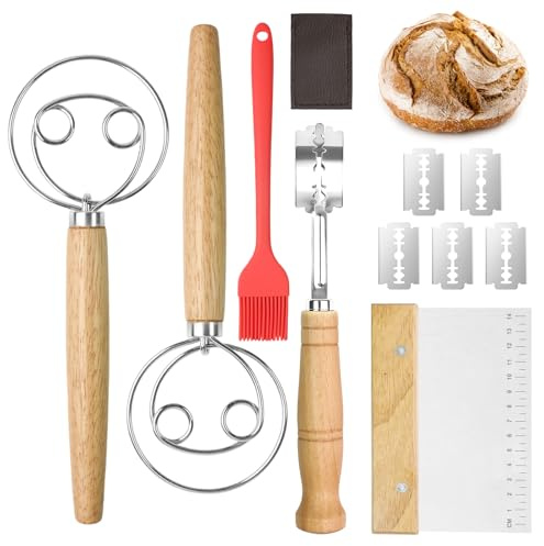 Brotbackzubehör Bäckermesser 5er Set,Brotbackset,Sauerteig Starter Set,Brot Backen Zubehör - mit 2 Dänischer Schneebesen,Teigmesser mit 5 Ersatzklingen,Backpinsel,Teigschneider,Sauerteig Zubehör