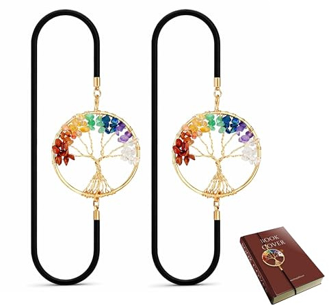 FloraVigo Elastische Lesezeichen, 2 Stück Chakra-Kristall-Lesezeichen, handgefertigte Vintage-Metall-Lesezeichen aus natürlichen Heilkristallen, geeignet für Bücher und Notizbücher