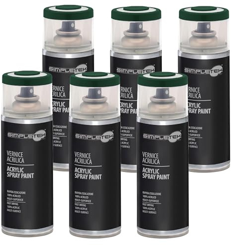 SIMPLETEK - 6X Bomboletta Vernice Spray Acrilico Verde Abete RAL 6009 Universale Multimateriale Rapida Asciugatura Interni Esterni 400ml (kit 6 pezzi)