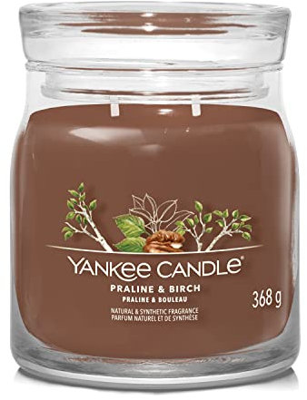 Yankee Candle Candela profumata firmata, candela media in barattolo di pralina e betulla, con doppio stoppino, miscela di cera di soia, candela a lunga combustione, regalo perfetto per le donne