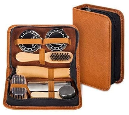 make it funwan Kit pour Cirage de Chaussures avec étui élégant en cuir PU, Kit pour cirage de chaussures de voyage 7 pièces