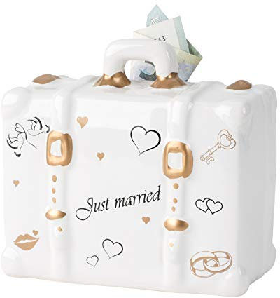 Lifestyle & More Moderne Spardose Sparschwein Just Married für Hochzeit aus Keramik weiß 15x11 cm