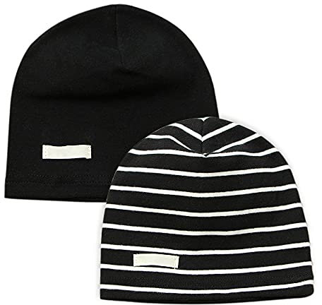 LACOFIA Baby Jungen Beanie Mütze Kinder Weiche Baumwolle Strickmützen Kleinkind Gestreift Hut 2 Stücke Schwarz M/7-24 Monate