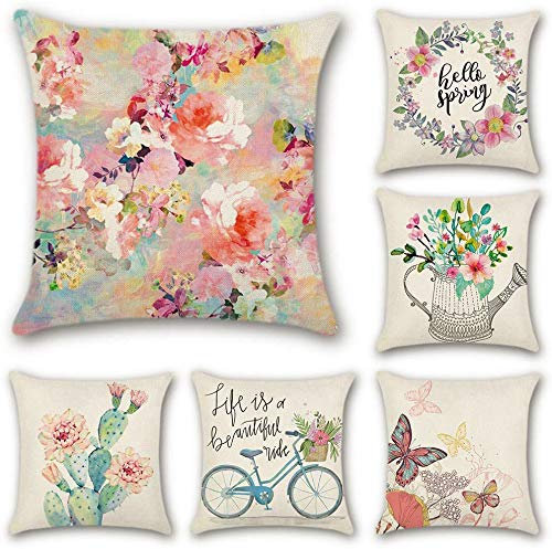 Artscope 6er-Set Dekorativ Kissenbezug 45 x 45 cm, Polyester Leinen Kissenbezüge Dekokissen Kissenhülle Set Kissen Fall für Sofa Auto Schlafzimmer Zuhause Dekor (Farbenfrohe Blumen)