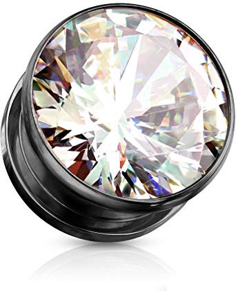 beyoutifulthings Ohr-Tunnel Zirkonia Schwarz Clear Ohr-Piercing Edelstahl Ohr-Schmuck Screw Fit Flesh Plug Schraub-Verschluss 8mm
