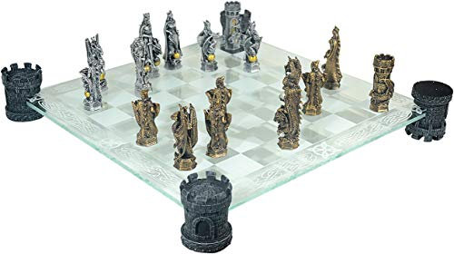Schach Ritter vs. Drachen Mittelalter Chess mit Glasbrett 42 cm Mega !!!