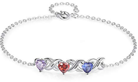lorajewel Personalisierte Herz Armband mit 2 bis 7 Namen und Geburtsstein Gravur Silber Armband für Frauen Mutter Tochter Tochter Weihnachts Geschenk (3 Namen)