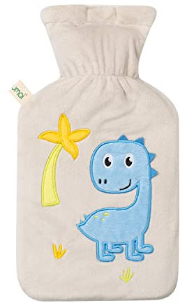 Premium Wärmflasche 1 Liter mit hochwertigem weichem Fleece Bezug eingesticktem Dino, Klettverschluss und extra Fütterung, BS1970:2012 zertifiziert, neues Modell, Dino beige