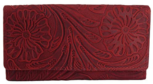 Fregery hochwertige Vintage Leder Damen Geldbörse Portemonnaie langes Portmonee Geldbeutel aus Leder von außen - 18,5 x 9,5 x 3,0 cm (B x H x T) Hill Burry Kollektion (Rot)