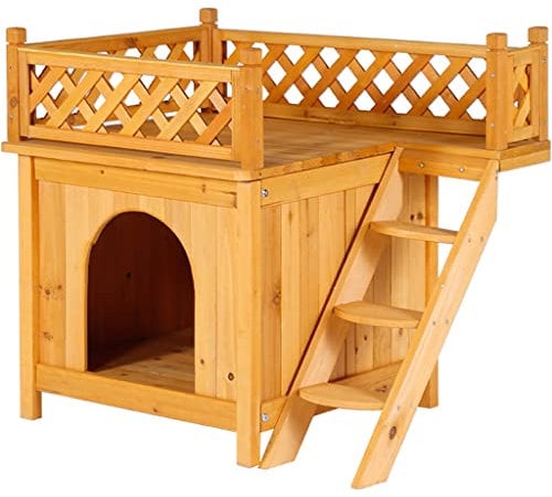 Hundehaus Outdoor mit terrasse wasserdichte kleine Hundehütte, Zweistöckige Zwinger-Hundevilla mit Treppe, Einfach zu säubern (Color : Primary Color, S : 72.5 * 55 * 66cm)