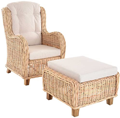 Krines Home Exklusiver Lesesessel Birmingham bequem Rattansessel Rattanmöbel Set Sessel aus Rattan Ohrensessel mit Hocker (Natur Hell)