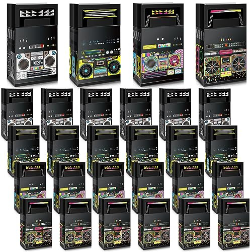 Nezyo 24 Pcs 80s Party Favor Bags 90s Novelty Boom Box Party Decoration Music Themed Paper Gifts Bags Vintage Treat Goodie Candy Wrapping for Retro Radio Hip Hop Disco Rock Birthday Supplies