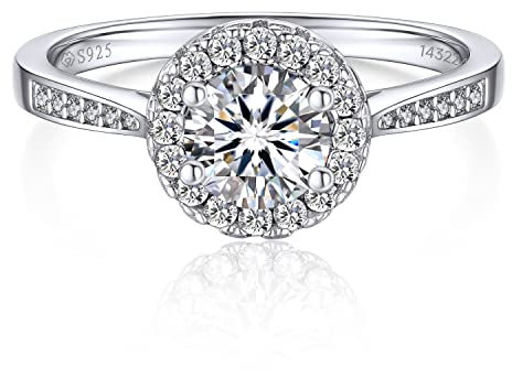 MomentWish Verlobungsring Damen Silber, Geschenk Frau zum Valentinstag, 1 Karat Moissainte Ring frauen Silber 925 Halo Jahrestag Geschenk für sie Freundin mit Geschenkbox-Größe57