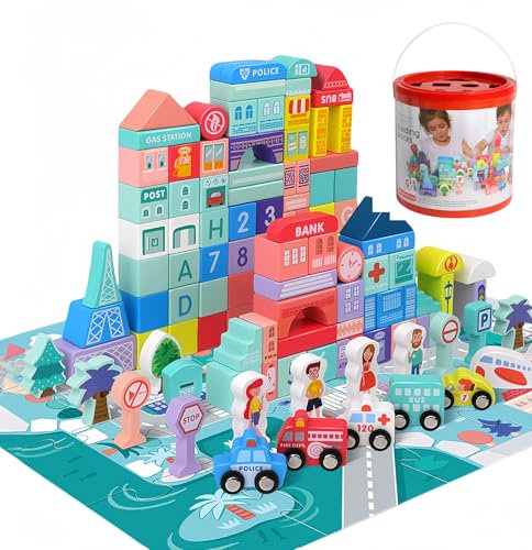 Afunti Hölzerne Bausteine Set 108 Pcs Montessori Spielzeug für Kleinkind Kinder und Kinder. Pädagogische Ziegel mit Gebäuden, Alphabet, Zahl und Transport Spielzeug