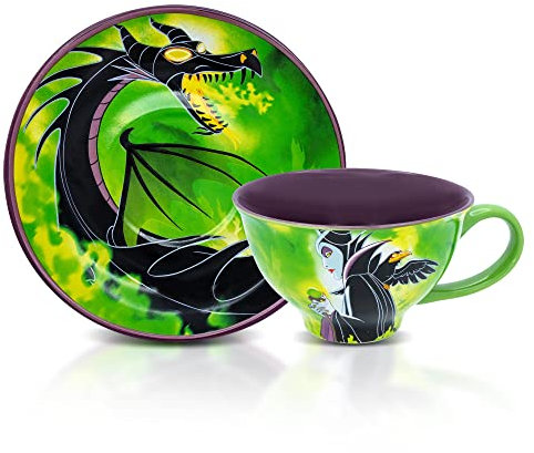 Silver Buffalo Disney Dornröschen Maleficent Keramik-Teetasse und Untertasse mit Maleficent, Diablo und Maleficent in Drachenform, 340 ml