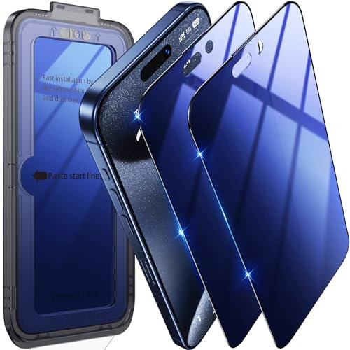 Uyiton für iPhone 15 Pro Sichtschutz,Einzigartige Blu Farbe 2 Stück 9H Härte Sichtschutzfolie 28°Privacy Schutz Anti-Spy Folie Schutzglas Vollständige Deckung Schutzfolie für iPhone 15 Pro