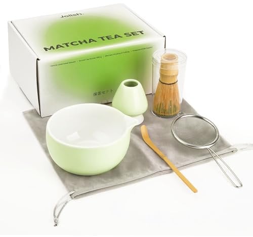 Joiish Matcha Set, Matcha Kit 5-PC, Ceramic Matcha Bowl with Spout & Holder, Bamboo Whisk, Sifter, Scoop, Traditional Matcha Tea Making Tools, Complete Gift Set