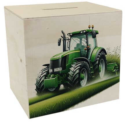 Traktor bei der Feldarbeit Spardose aus Holz Neuer Trecker Sparschwein Grüner Traktor fährt über Feld Landwirtschaftliche Acker-Arbeit Agrarmaschine Fahrzeug Motiv