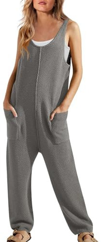 OBiQuzz Dungarees Women's Work Trousers Loose Jumpsuit Oversized Ribbed Overall One-Piece Knitted Bib Shorts Sleeveless Plain Dungarees Baggy Casual Trousers Suit Sporty Tracksuit with Pocket, gray, M