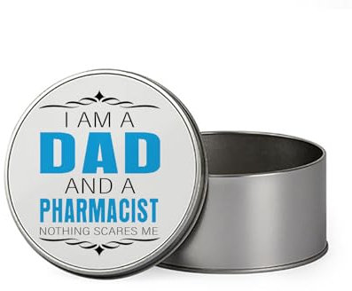 I Am a Dad And a Pharmacist, Gift For Fathers Day, Metal Tin Storage Box, Biscuit, Chocolate,Tin, Emergency Stuff Tin. (Round)