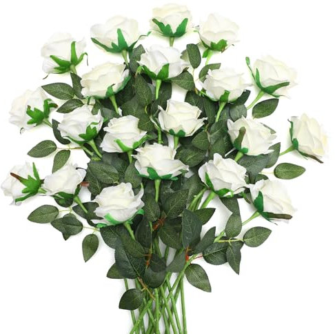 JUSTOYOU 20 rose bianche artificiali, rose artificiali in seta con stelo, bouquet di rose artificiali realistiche per casa, tavolo, ufficio, feste, matrimoni, giardino, composizioni (rose bianche con