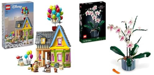 LEGO Disney Pixar Casa de Up (43217) y Icons Orquídeas, Flores y Plantas Artificales Blancas y Rosas, Jarrón Azul, Decoración para Casa, Manualidades para Adultos, Colección Botanical (10311)