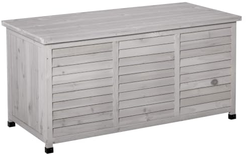 Outsunny Coffre de Rangement Extérieur Jardin 283L 127 x 56 x 60 cm Gris | Malle de Rangement en Bois, Petites Ouvertures en Bas, 2 Chaînes