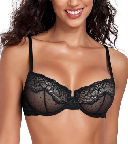 Lemorosy Women's Sexy Lace Demi Sheer Mesh See Though Balconette Unlined Underwire Non-Padded Everyday Bra