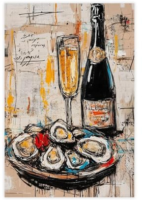JBGQGAG Leinwandposter Champagner und Austern, Schlafzimmerdekoration, Landschaft, Büro, Raumdekoration, Geschenk, 20 x 30 cm