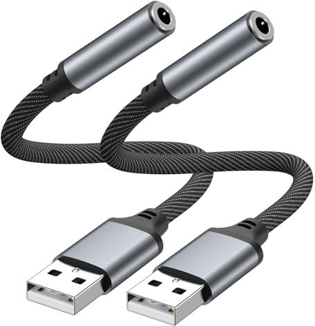 USB to 3.5mm Jack Audio Adapter, External Sound Card USB DAC Chip, Aux Headphone Microphone Converter, for PC, Laptop, Tablet, Headphone, PS4 and More (Silver)