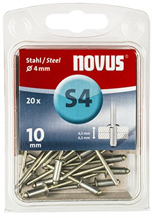Novus Stahl-Blindnieten, 10 mm Länge, 20 Nieten mit Ø 4 mm, 4.5 - 6.5 mm Klemmlänge, zur Befestigung von Stahlblechen
