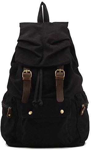 Eysee Daypack Canvas Herren-Rucksack Canvas mit Leder Groß Rucksacktasche für Outdoor Sport und Freizeit (Schwarz)
