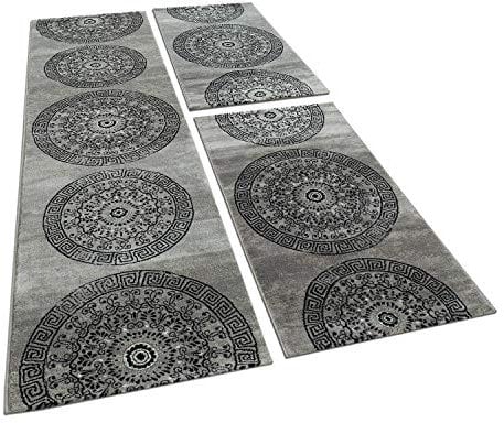 Paco Home Bettumrandung 3 teilig Kreis Ornament Teppich Läufer Meliert in Grau Schwarz, Grösse:2mal 80x150 1mal 80x300