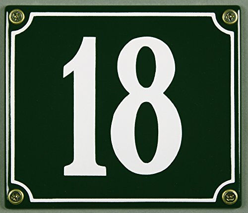 Emaille Hausnummernschild - Wählen Sie Ihre Nummer - Zahlen 1 bis 30 verfügbar - grün/weiß 12x12 cm und 12x14cm - sofort lieferbar! Hausnummer Schild wetterfest und lichtecht (18 grün/weiß 12x14cm)