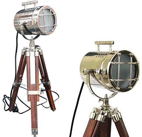 Nautical Vintage Spotlight Tripod Lamp Chrome & Brown Table Lamp