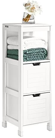 SoBuy Meuble Salle de Bain Commode – Petit Meuble Rangement avec 2 Paniers – Colonne Compacte pour Toilette en Bois, Armoire de Salle de Bain Moderne, Blanc, 30x89x30 cm, FRG127-W